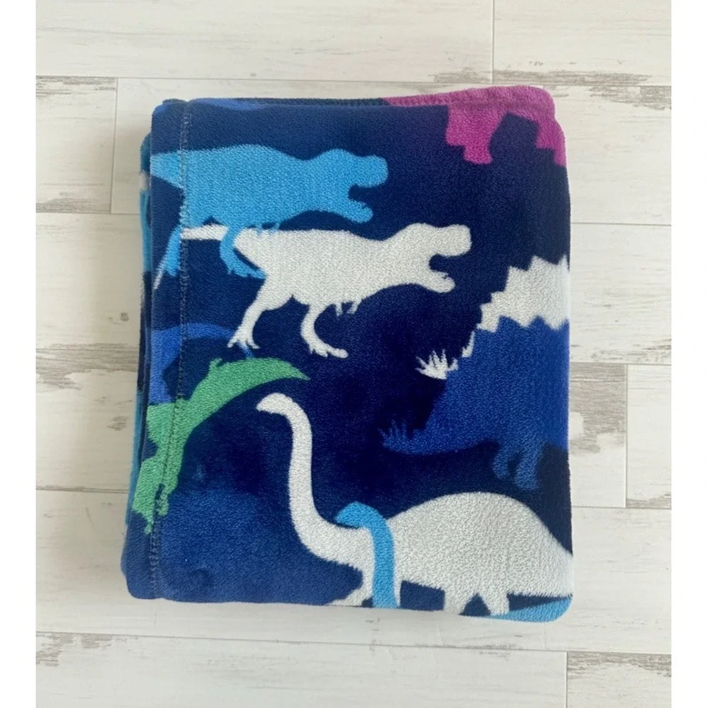 Kids Dinosaur Plush Fleece Throw Blanket Navy Blue Colorful Prehistoric Print